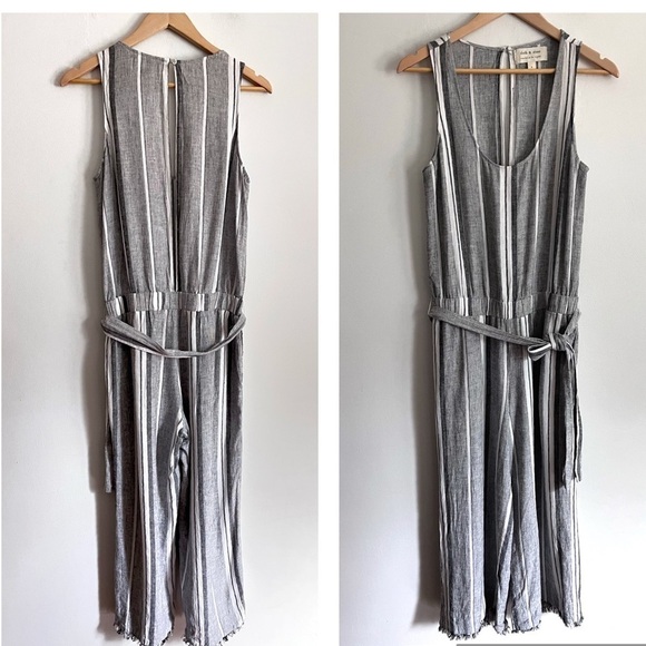 Cloth & Stone Anthro Jumpsuit White Grey Sleeveless linen blend Belted Stripes - Picture 1 of 8